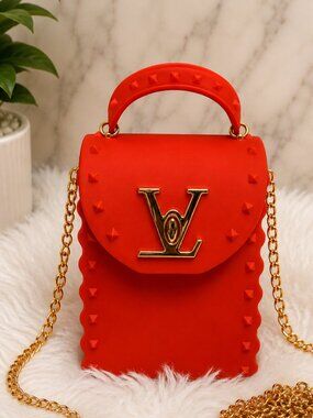 Red Jelly Phone Crossbody Bag Gold Chain Purse